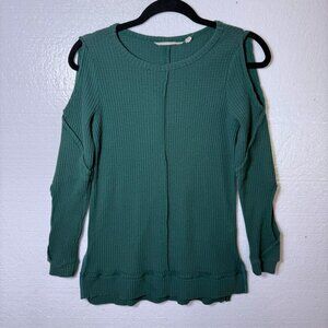 Soft Surroundings Womens XS Green Ribbed Cold Shoulder Cut Out Sweater Pullover